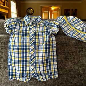 Little Me. 3 month. Plaid Blue and Yellow Kids Shirt and hat